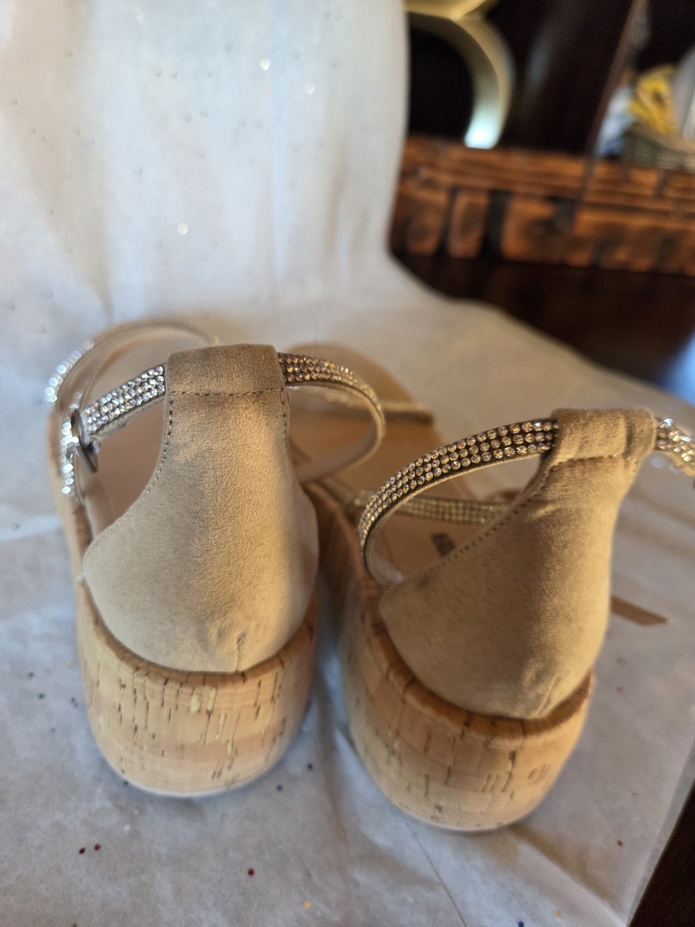 Steve Madden Tan Cork Wedge Sandals with Rhinestone Straps - Picture 3 of 4